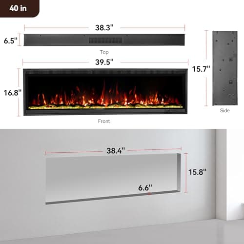 Kukoofyer 40" Electric Fireplace, Ultra-Narrow Bezel Recessed & Wall Mounted Fireplace Heater, Adjustable Color Flame, Linear Fireplace, Timer, Touch Screen, Remote Control, Log & Crystal, 750/1500W - Thumbnail 3