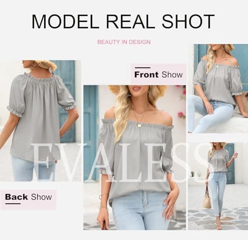 EVALESS Short Sleeve Shirts for Women Dressy Tops Smocked Off The Shoulder Chiffon Blouses Spring Summer Clothes Fashion 2026 Business Casual Outfits Work Gray Shirts Ladies Tops and Blouses, X-Large - Thumbnail 5