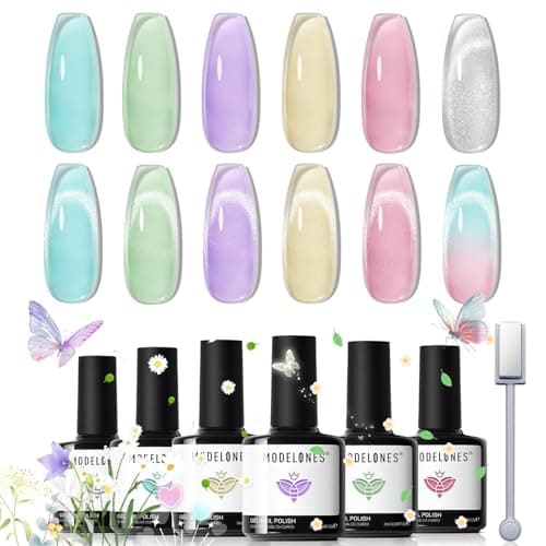 modelones Gel Nail Polish Set, 6 Colors 2026 Spring Summer Silver Cat Eye Gel Polish Translucent Pastel Sheer Pink Yellow Lavender Purple Baby Blue Mint Green Jelly Nail Polish W Magnet LED DIY Gift - Image 1