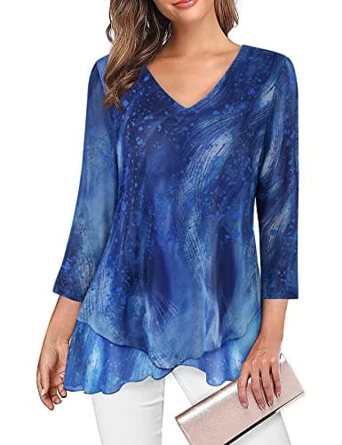 SeSe Code Tunic Tops To Wear With Leggings, Elegant Formal Blouses For Wedding Guest 3/4 Sleeve Top Dressy Chiffon Shirt Summer Business Casual Outfits Blue 2Xl - Image 1