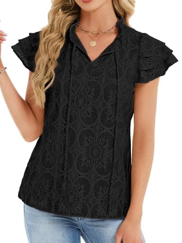 Funlingo Womens Blouses Dressy Casual Summer Cap Short Sleeve Hollow Out Eyelet Tops Ruffle Collar Lace Crochet Embroidered Shirts Black 2XL - Thumbnail 2