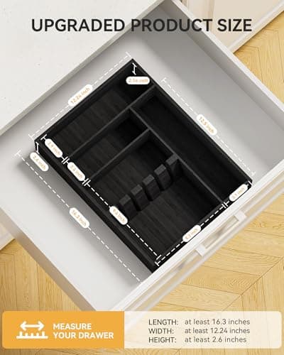 Yofidra ofidra Bamboo Silverware Organizer, 16.3″x12.24″x2.6″ Kitchen Utensil Drawer Organizer, Silverware Tray for Drawer with Fixed Slots for Spoons, Forks & Knives, Black - Thumbnail 2