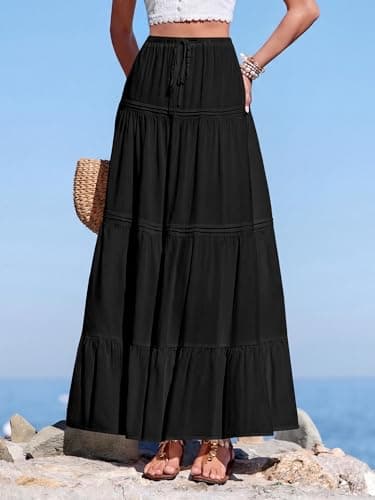 BTFBM Spring Skirts for Women 2026 Summer Boho Beach Vacation Clothes Casual Pleated High Waisted Flowy Maxi Skirt(Black, X-Large) - Thumbnail 4