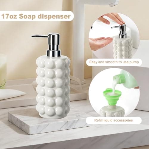 4 Piece Ceramic Bathroom Accessories Set –Soap Dispenser,Toothbrush Holder,Tumbler & Soap Dish,Includes Silicone Funnel,Non-Slip,Modern Farmhouse Countertop Organizer Set for Bathroom Decor, White - Thumbnail 4