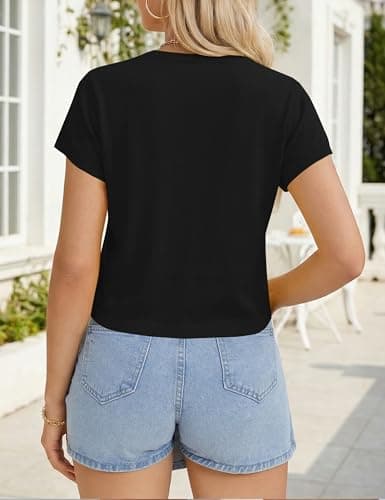 LaGracia Womens Short Sleeve Sweater Lightweight Cropped Sweaters Crewneck Wool Blend Cashmere Business Casual Sweater Crop Tops Spring Summer Vacation Outfits Black 2XL - Thumbnail 3