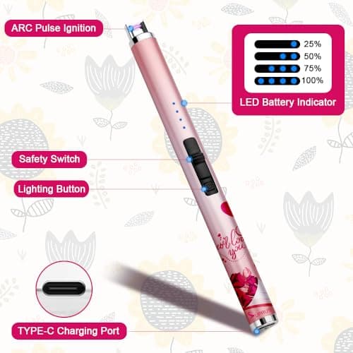SUPRUS Candle Arc USB Type C Lighter Electric Lighter with Upgraded LED Battery Display Safety Switch Rechargeable Flameless Plasma Windproof Portable for Mother‘s Day (Pink) - Thumbnail 3