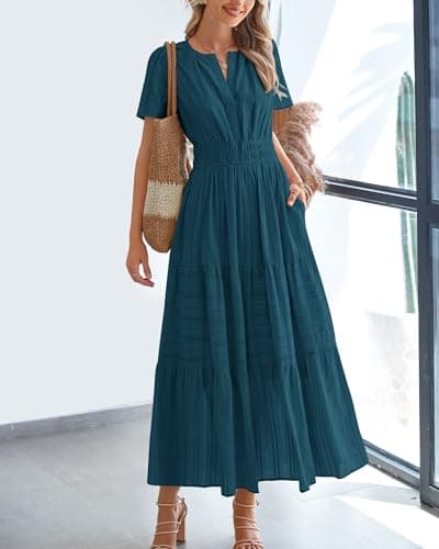 BTFBM Womens Summer 2026 Casual Midi Maxi Dresses Lightweight Short Sleeve V Neck Elastic Waist Boho Beach Dress Pockets(Lake Blue, XX-Large) - Thumbnail 2