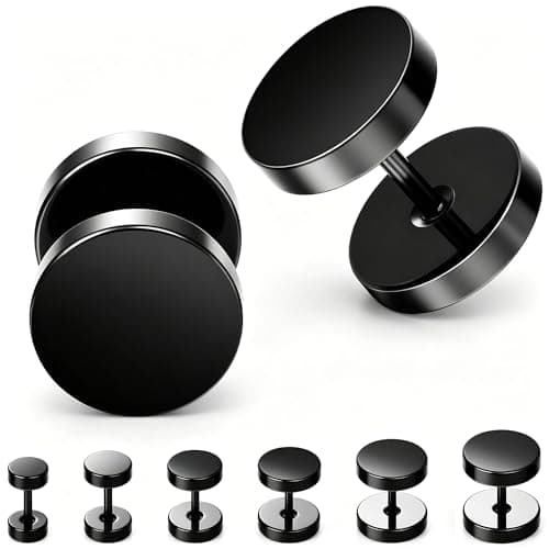 Hypoallergenic Black Dot Stud Earrings for Men Women, Flat Back Stainless Steel Cartilage Piercing Ear Tunnel 5mm-10mm (6Pairs-Black-Studs) - Image 1