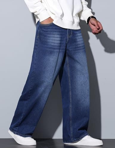 QGRSWBC Baggy Jeans Men Wide Leg Hip Hop Jean Casual Y2K Denim Pants Loose Fit Skater Long Trousers Dark Blue - Thumbnail 4