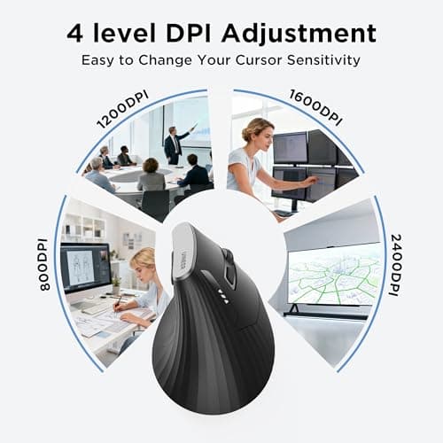 Uineer Wireless Ergonomic Mouse, Bluetooth Mice (BT4.0/5.0 and 2.4G) Rechargeable Vertical Mouse, 3 Multi-Device Connectivity for PC/Mac/Laptop/Computer, 4 DPI Quiet Clicks for Office, Home-Black - Thumbnail 5