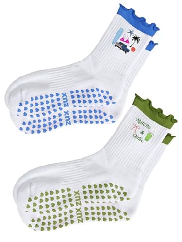Puedizux Women Cute Pilates Socks Grip Crew Yoga Socks Ruffle Cuff Embroidery Ballet Socks - Thumbnail 2