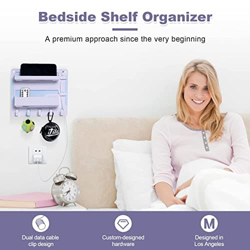 JUMEIHUI Bedside Shelf Wall Mount, Adhesive Bedside Shelf Accessories Organizer with Hooks and Cable Clips,Dorm Bedside Wall Storage for Phone, Remote, Earphone, Kindle,Plastic(White) - Thumbnail 5