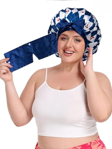 Vettres Pleated Silk Sleeping Bonnet with Eye Mask Double Layer Satin Hair Bonnets Sleep Cap for Curly Natural Hair Blue White Cherry - Thumbnail 5