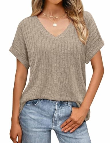 JUSTFASHIONNOW Summer Outfits for Women 2026 V Neck Short Sleeve Oversized Shirts Trendy Side Split Basic Tees Spring Dressy Casual Outfits Apricot XXL - Thumbnail 2