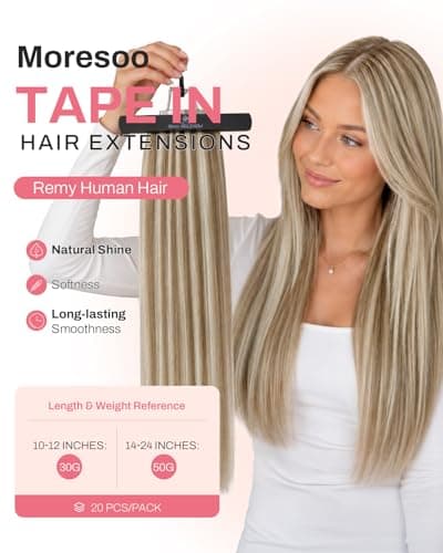 Moresoo Tape in Human Hair Extensions 20 Inch Highlighted Hair Extensions Tape in Light Brown Highlighted with Blonde Glue in Extensions Invisible Glue in Extensions Real Hair #P9A/60 20pcs 50g - Thumbnail 2
