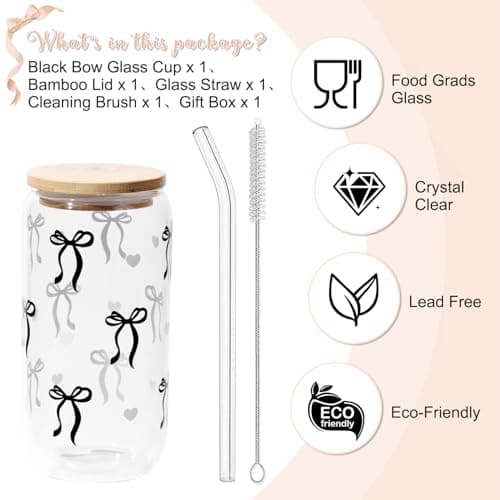 Coquette Black Bow Aesthetic Cup With Gift Box 16oz Glass Cup with Lids Straws and Black Bow Iced Coffee Smoothie Cute Tumbler with Cleaning Brush for Girls Bestfriend Sister Girlfriend, Preppy Stuff - Thumbnail 3