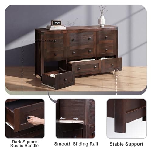 GALAXHERO Farmhouse TV Stand, 63" Wide 9-Drawer Storage Organizer, Wood TV Console for Living Room, Office, for 70 inch TV, Ball Bearing Slide, Brown - Thumbnail 4