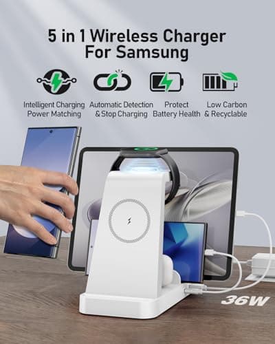 5 in 1 Wireless Charger for Samsung, Wireless Charging Station for Multiple Devices, Fast Charger Stand for Samsung Galaxy S25 Ultra S24 S23 S22 S20 Note 20 10 Z Fold 7 6 Galaxy Watch 7 6 5 Buds,White - Thumbnail 2