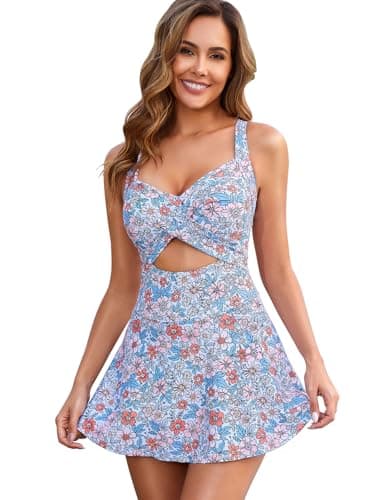 MFAVIP One Piece Swimsuit Women Tummy Control Swim Dress Sexy Criss Cross Tie Back Bathing Suit Blue Print - Thumbnail 4