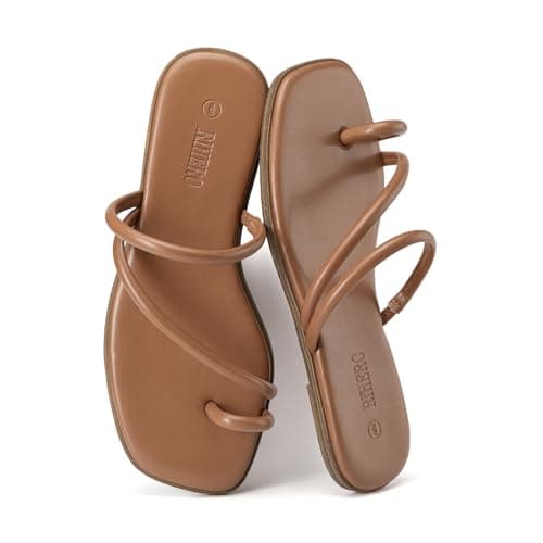 Rihero Slide Sandals Women Square Toe Beach Flat Sandals Summer Slip On Comfortable Strappy Thong Sandals Brown Size 9 - Thumbnail 6