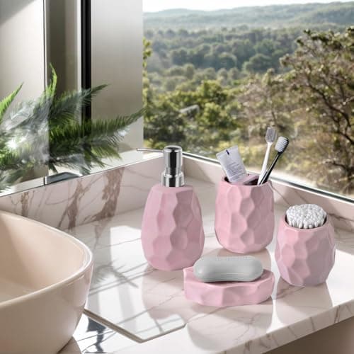 Ceramic Bathroom Accessories Set 4 PCS,Bathroom Toothbrush Holder Set,Soap and Toothbrush Holder Set,Include Toothbrush Holder,Soap Dispenser,Tumbler,Soap Dish,Bathroom Sets Decor Organizer (Pink) - Thumbnail 6