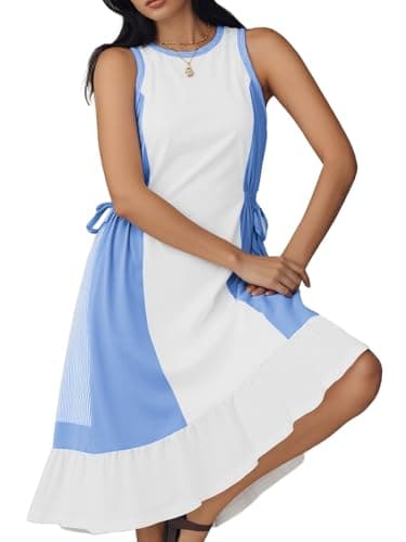 AOVDE Striped Women Dress Color Block Sleeveless Flowing Summer Drawstring Midi Knee Length Dress with Pockets for Spring Blue - Image 1