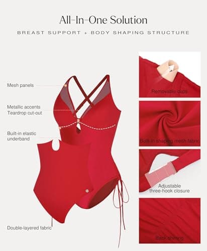 Popilush Womens Bathing Suits Tummy Control​One Piece Swimsuit with Built-in Bra Sexy Mesh Shapewear Swimsuits Red - Thumbnail 3