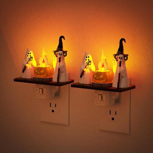 Halloween Night Light,Amber Night Lights Plug into Wall,Cute & Funny Flaming Jumping Night Light,Ghost & Pumpkin Plug in Nightlight with 360° Rotatable for Kids Halloween Party Decor,2 Pack