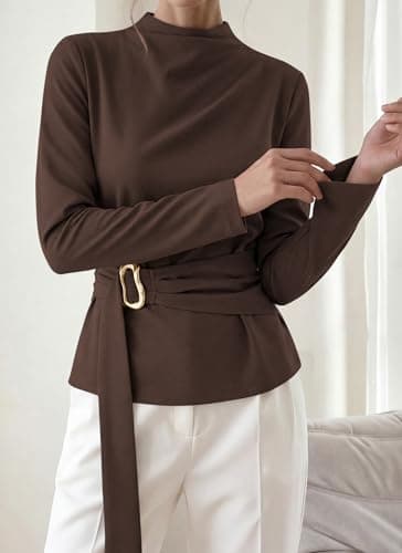 PRETTYGARDEN Women Blouses 2026 Fall Dressy Mock Neck Long Sleeve Work Shirts Buckle Belted Tunic Business Casual Tops(Brown,Small) - Thumbnail 6