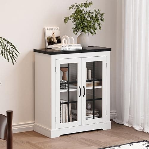 PeacefulHues Buffet Cabinet with Storage, Sideboard Buffet with Glass Doors, Built-in Power Outlet, Black Relief Top Plate, for Kitchen, Coffee Bar, Pantry, Living Room - Thumbnail 6
