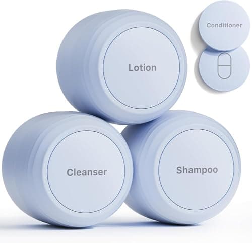 Trimcoo New Travel Toiletry Containers [Ultra Leakproof] TSA-Approved, PLA Hard Shell Jars with 5 Magnetic Labels, Wide Mouth Bottles for Lotion, Cleanser, Shampoo, Conditioner, Blue, 3 Pack, 1OZ - Image 1