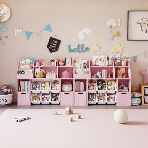 Wooden Wide Bookshelf,Tiered Bookshelves,with 2 Mobile Drawers on Wheels and 6 Removable Storage Baskets,Anti-tip Design,Suitable for Living Rooms,Bedrooms and Game Rooms (Tiered bookshelf-Pink-02) - Thumbnail 5