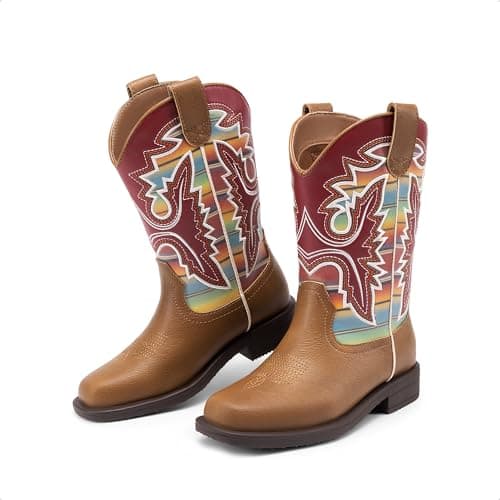 DREAM PAIRS Boys Girls Cowboy Boots Toddler Mid Calf Western Boots Square Toe Riding Boots for Kids,Size 10 Toddler,Brown/Multi,KKUMMB2502 - Thumbnail 6