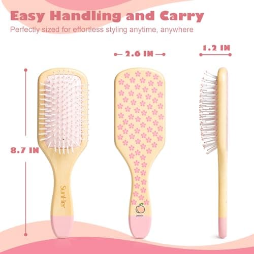 SunHer Wooden Hair Brush for Women - Detangling Hair Brush for Wet or Dry Use, Pink Hairbrush for Curly Hair Long Thick All Type Girls Kids Massage Scalp, Perfect for Gift - Thumbnail 5