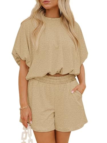 COCCKO Women's Two Piece Outfits O Neck Short Sleeve Tops Soild Color Summer Lounge Sets 2026 Casual T Shirt Sets Camel L - Image 1