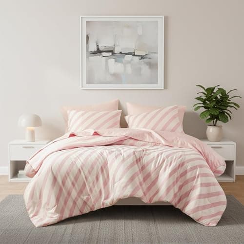 Reversible Striped King Comforter Set-Bed in A Bag 7-Pieces Bedding Set with Double-sided Stripes Design-Warm & Cozy Bed Set Includes King Size Comforter, Sheets set, Pillowcases and Shams, Blush