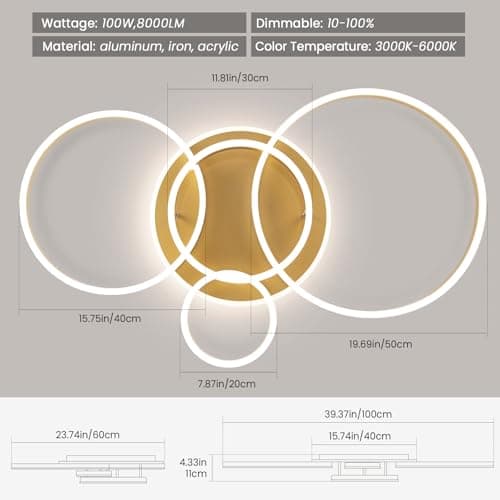 Modern LED Ceiling Light Gold Flush Mount Ceiling Light Dimmable Dining Room Light Fixtures with Remote 4 Rings Acrylic Kitchen Lighting Fixtures Ceiling Lamp for Living Room Bedroom (Gold, 4 Rings) - Thumbnail 6