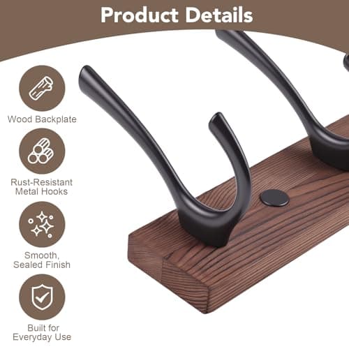 Dntorx Wall Mounted Coat Rack with 5 Hooks, 15.8 in Wooden Coat Hook Rust-Resistant Wall Hooks for Hanging Coat Bag Key Purse Towel Hook Rack for Entryway, Mudroom, Bedroom, Livingroom - Thumbnail 4