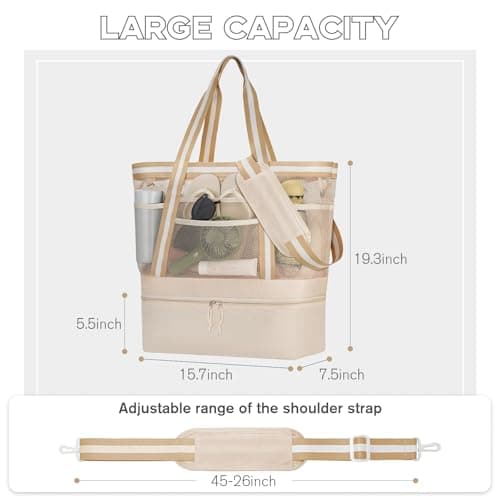 WOOMADA Beach Tote Bag With Cooler, Large Mesh Beach Bags for Women with Wet Pocket, Pool, Swim, Travel Essentials（Beige） - Thumbnail 5