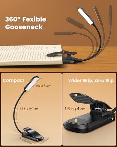 Glocusent 13 LED Rechargeable Book Light for Reading at Night, Eye-Caring 3 Amber Colors & Stepless Dimming, Lasts 1 Week to 2 Months, Travel Clip on Lamp, Gifts for Book Lovers, Men, Women & Kids - Thumbnail 6