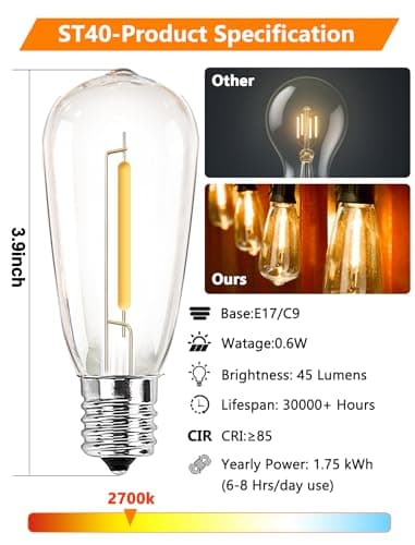 Kivonfa 25 Pack ST40 Vintage LED Edison Bulbs, Shatterproof 0.6W Energy Efficient E17 LED Replacement Bulbs for Outdoor String Lights, E17/C9 Intermediate Base Bulb Waterproof, Warm White 2700K - Thumbnail 2