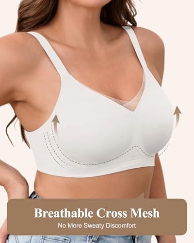 ZEBELL M-5XL Wireless Bras for Women No Underwire, Plus Size V Lace Comfortable Bralette with Support, Full Coverage T-Shirt Bra White - Thumbnail 2