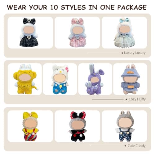 10 Pack Compatible for Labubu Clothes,17cm Doll Clothes Cute Outfits Stylish Accessories Designer Hat Dress Shirt Set Compatible for Labubu Birthday Party Decoration Gift (Adorable, 17cm) - Thumbnail 2