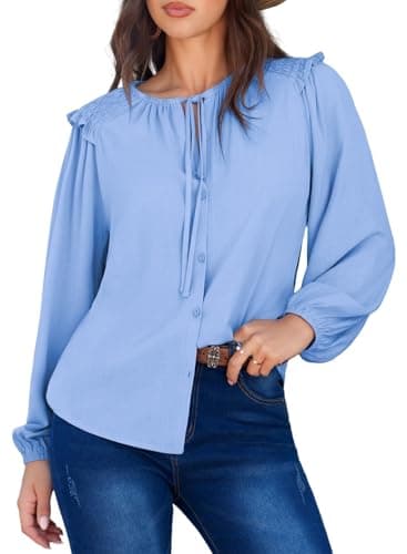 Dokotoo Long Sleeve Tops for Women Dressy Casual Clothes Ruffle Crewneck Button Down Shirts Smocked Shirt Tops 2026 Fashion Summer Outfits Blue Small - Image 1