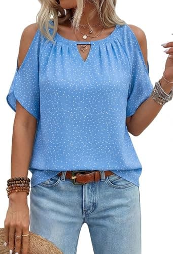 Women Cold Shoulder Tops Casual Summer Short Sleeve Crew Neck Dressy Work Blouses Dot Pints Chiffon Tunic Shirts BL XL Blue - Thumbnail 2