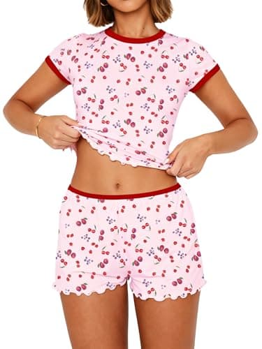 Dressmine Two Piece Sets for Women Summer Shorts and Top Set Cute Fruit Pajamas Comfy Travel Vacation Lounge Outfits Pink Sexy Sleepwear S - Image 1