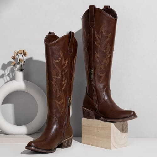Jeossy Women's Whisky Red Brown Cowboy Boots Embroided Western Cowgirl Boots Round Toe Knee High Pull on Wide Calf Shoes with Inside Zipper Size 10 (DJY9809 whisky 10) - Thumbnail 3