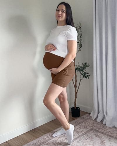 G4Free Maternity Summer Clothes Workout Shorts with Pockets Stretchy Comfy Pregnancy Yoga Short Active Wear(Dark Coffee,L) - Thumbnail 3