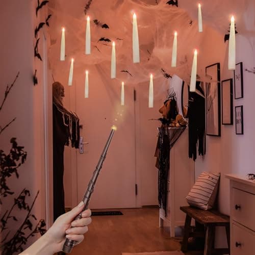 Halloween Decorations - Floating Candles with Wand - 12 Pcs Magic Flickering Warm Light Flameless Floating LED Candle Christmas Decor - Stocking Stuffers for Indoor Classroom Bedroom Party - Thumbnail 4