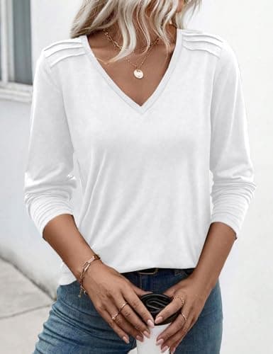 JUSTFASHIONNOW Pleated Long Sleeve Shirts for Women V Neck Dressy Casual Business Blouses Fall Tops 2025 Trendy(White,XX-Large) - Thumbnail 5